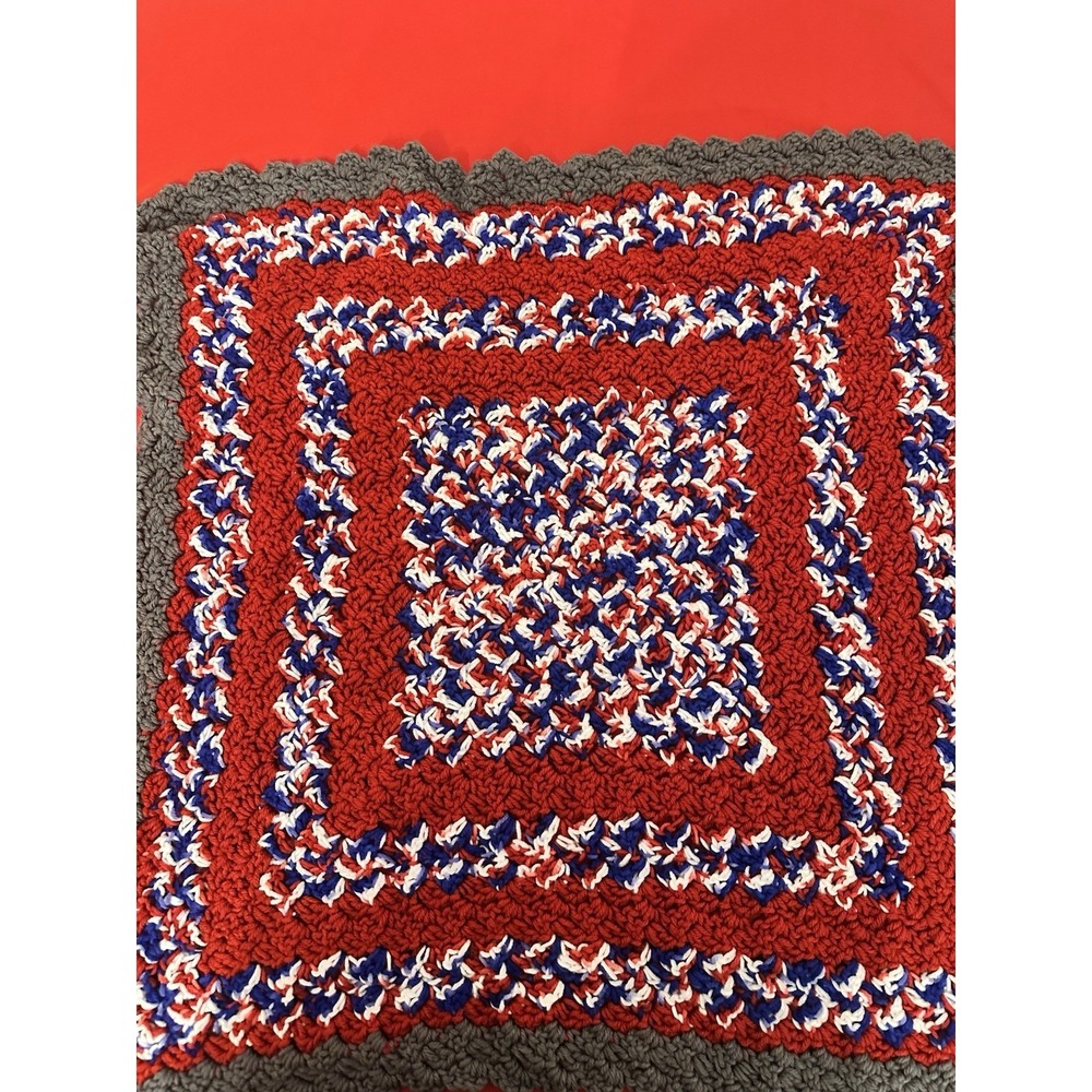 Crocheted Afghan Lap Blanket Red White Blue Gray
